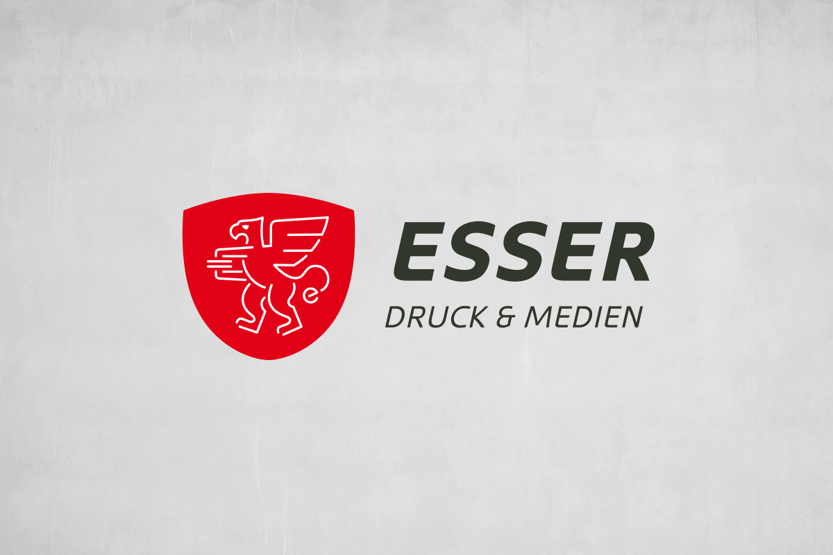 Logo Esser Druck und Medien, Wappenschild, Greif, Schriftzug